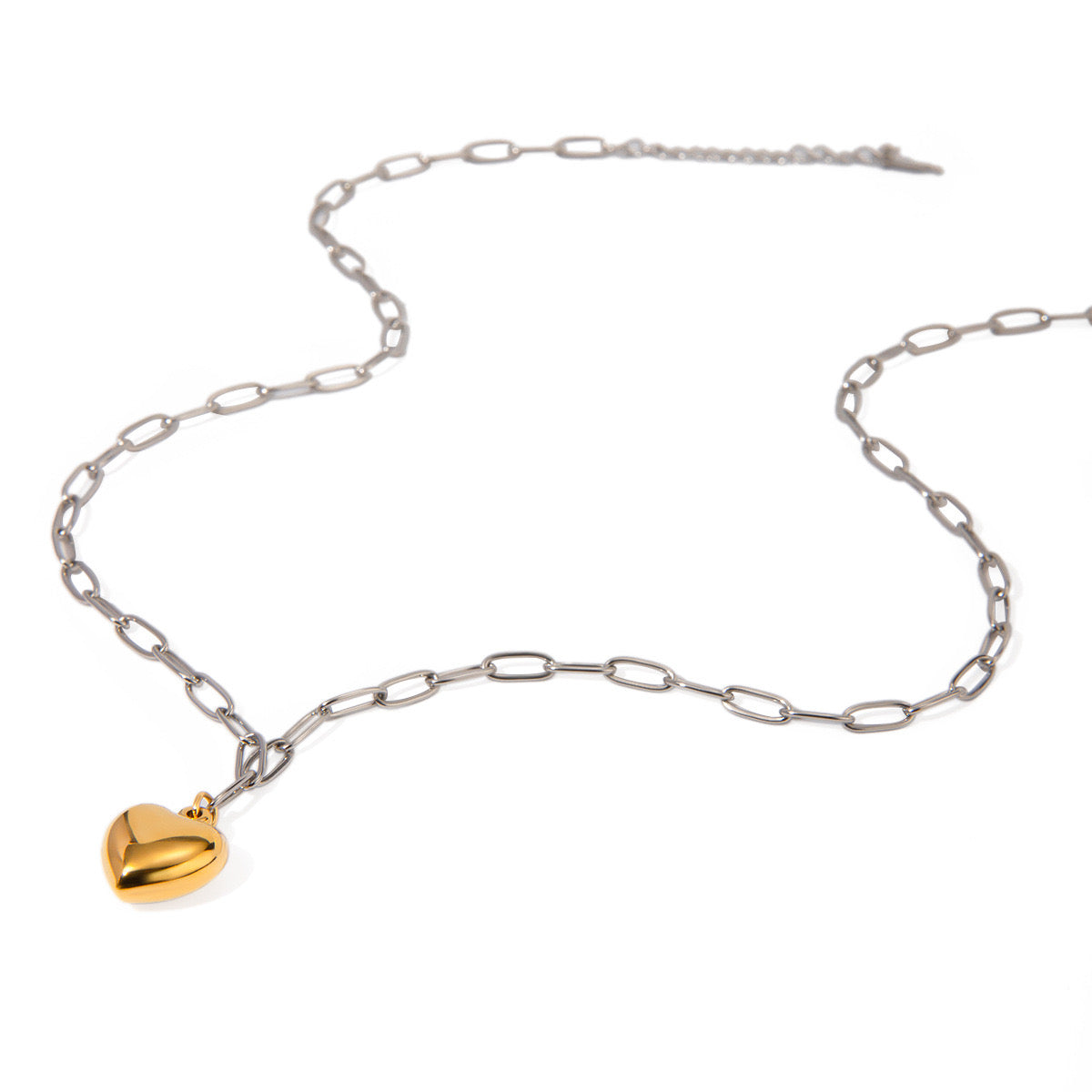 18K Gold Two Tone Paperclip Chain Puffy Heart Pendant Necklace