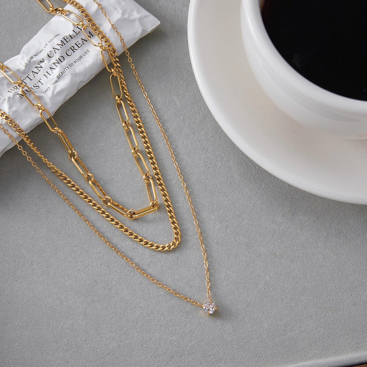 18K Gold Day Dream Dainty Pendant Paperclip Chain Layered Necklace Set