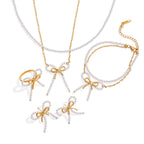 18K Gold Coquette Bow Pearl Pendant Double Chain Layered Necklace Set