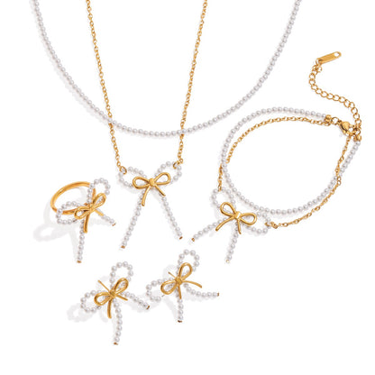 18K Gold Coquette Bow Pearl Pendant Double Chain Layered Necklace Set