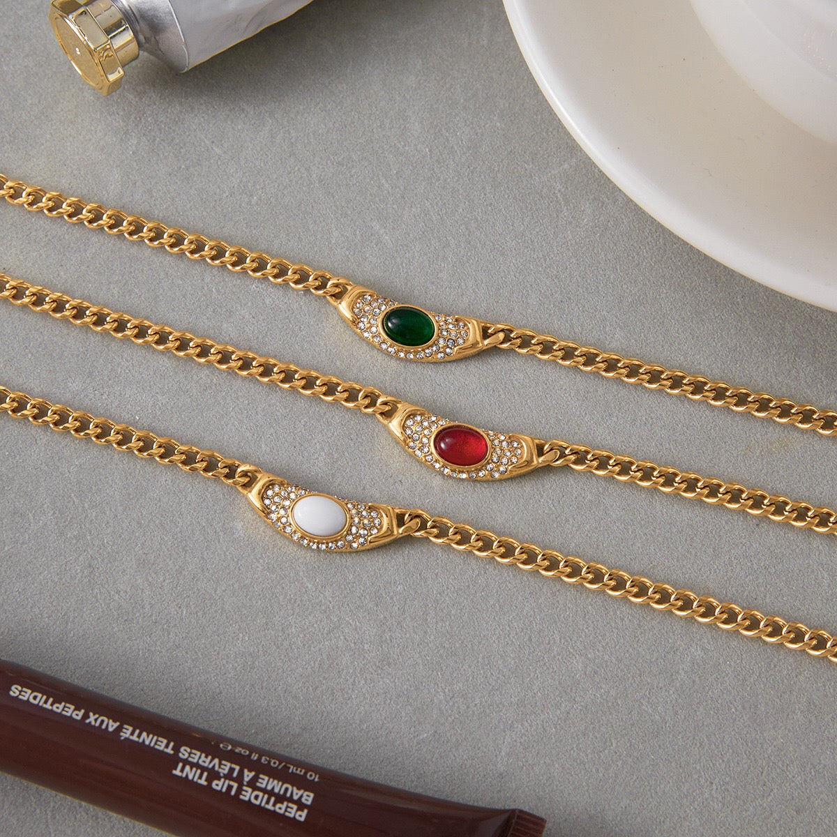 18K Gold Empire Gemstone Cuban Link Chain Statement Necklace