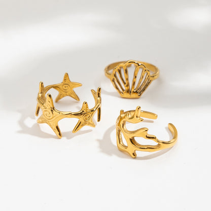 18K Gold Coastal Life Seashel Coral Starfish Ring Sets