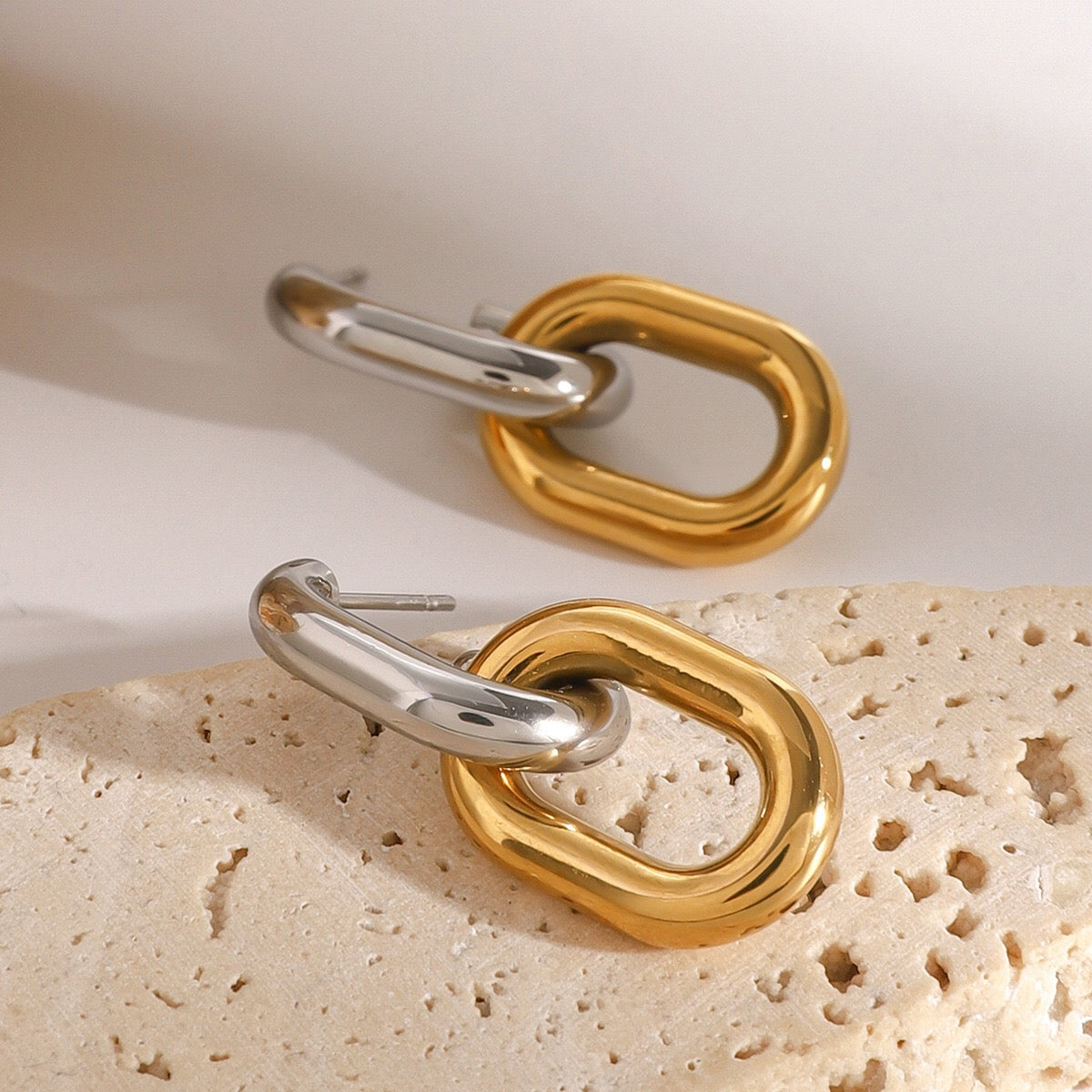 18K Gold and Silver Two Tone Knockout Hoop Dangle Earrings