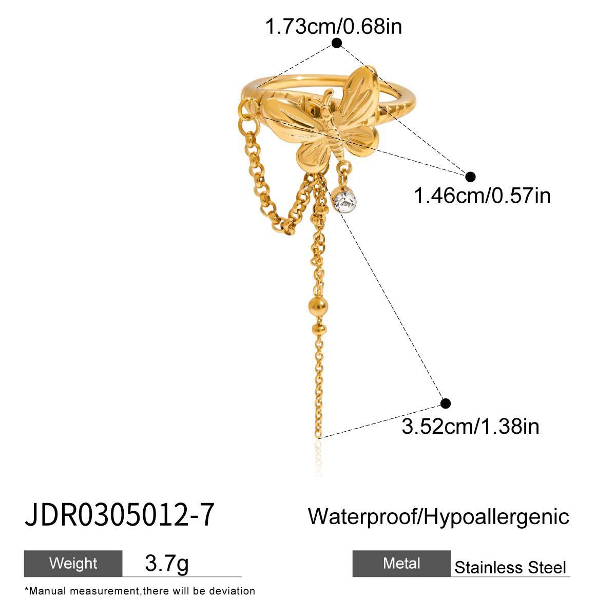 18K Gold Butterfly Safety Pin Tassle Charm Ring