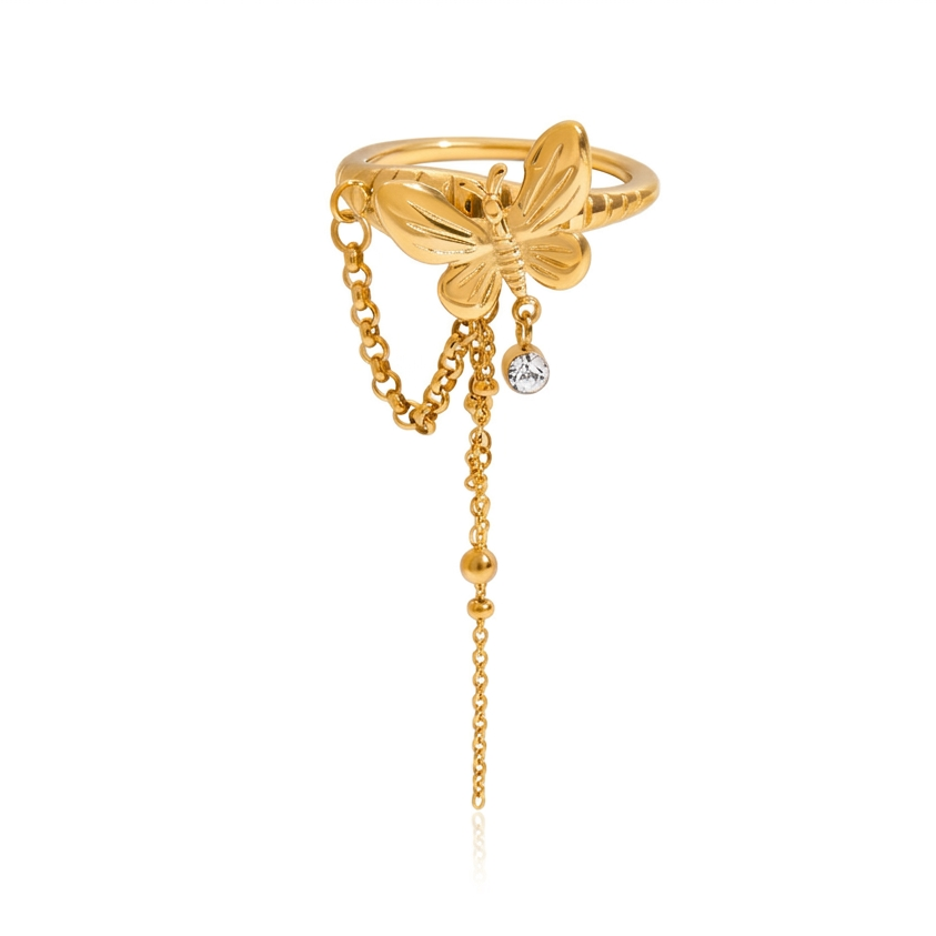 18K Gold Butterfly Safety Pin Tassle Charm Ring