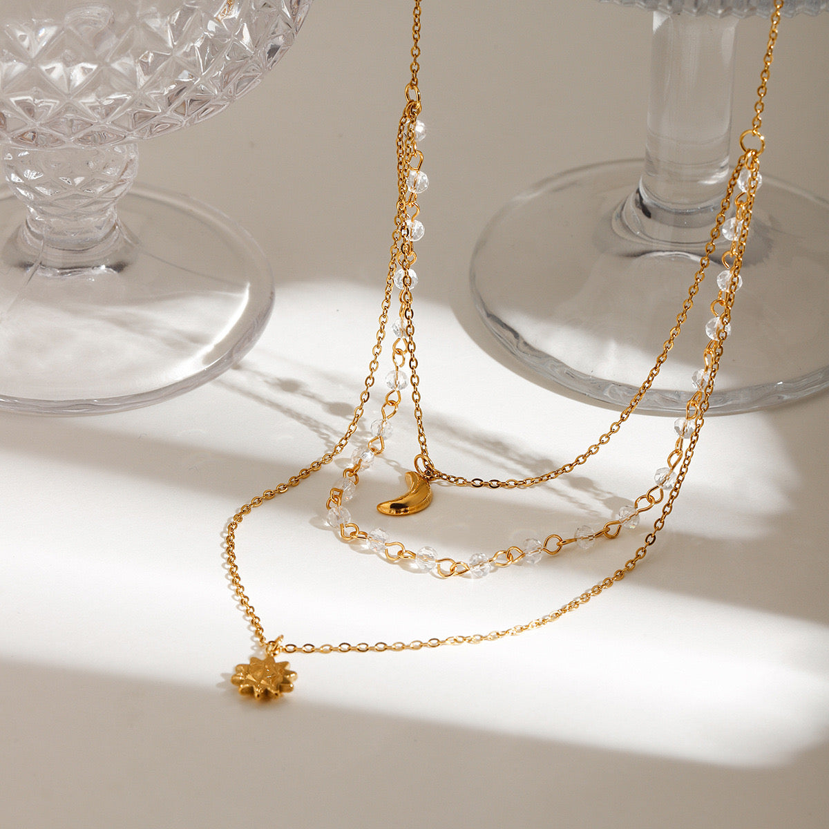 18K Gold Sun And Moon Dainty Chain Layered Necklace