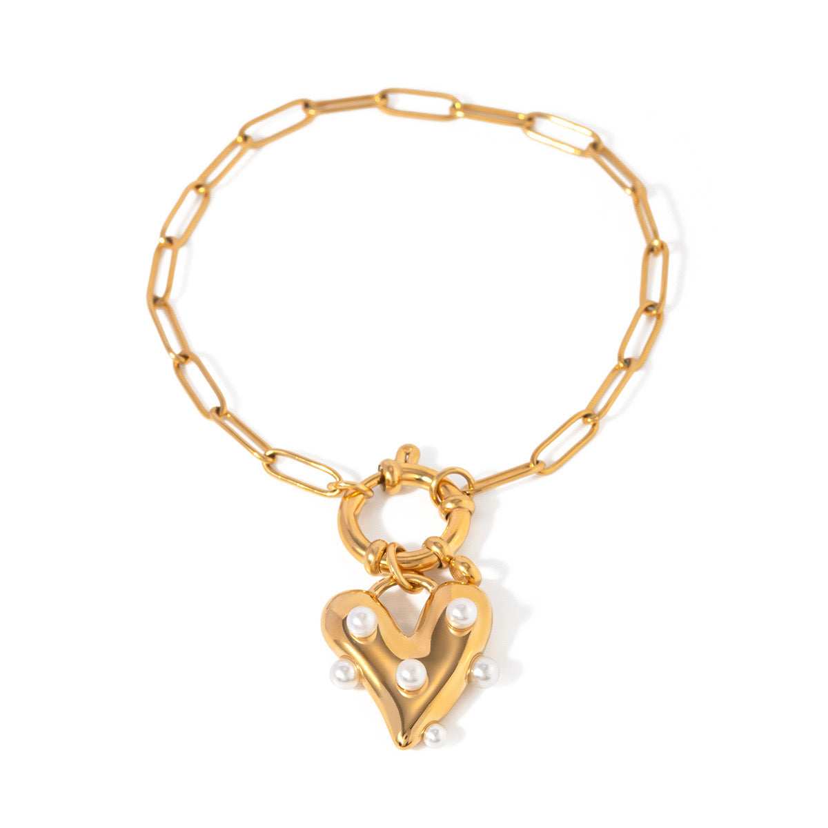 18K Gold Pearl Heart Paperclip Chain Charm Bracelet
