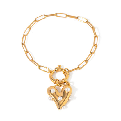 18K Gold Pearl Heart Paperclip Chain Charm Bracelet