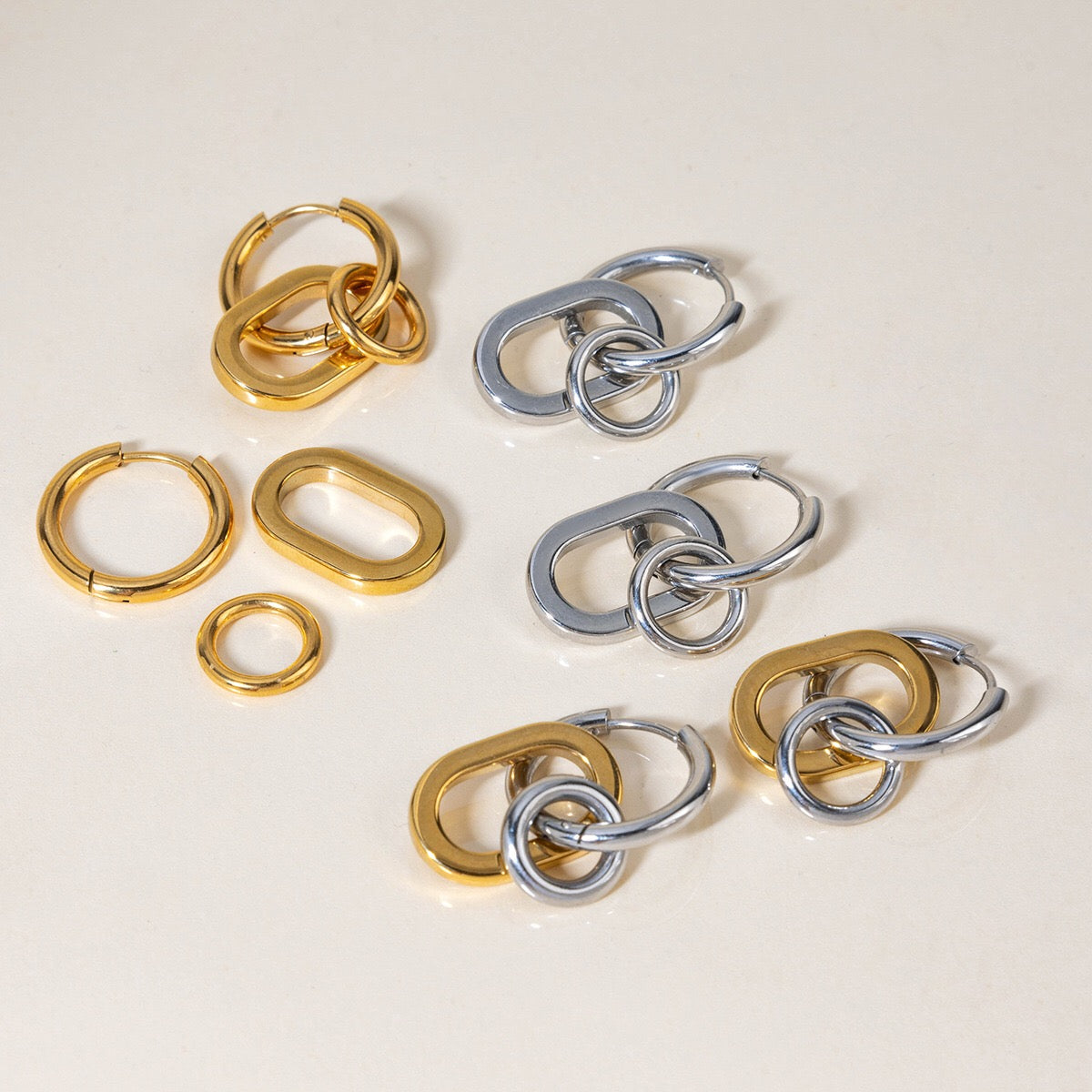 18K Gold and Silver Two Tone Trinity Small Hoop Dangle Huggie Earrings
