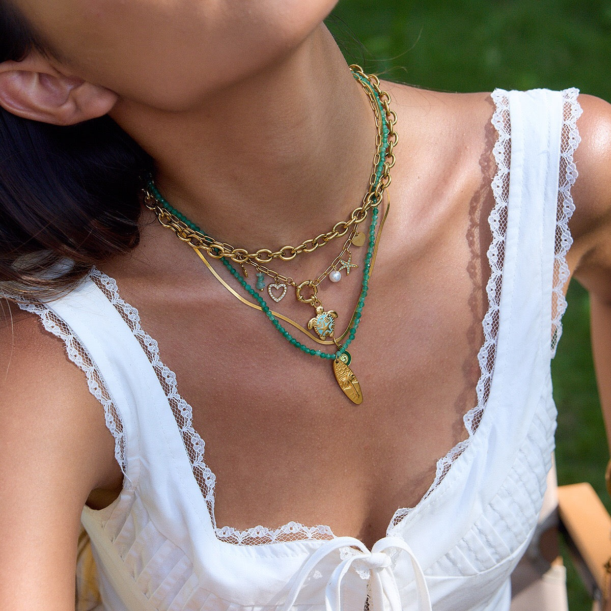 18K Gold Fresh Breeze Green Beaded Pendant Charm Layered Necklace Set