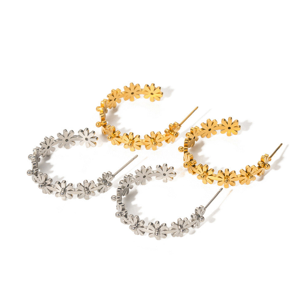 18K Gold Flower Blossom Hoop Huggie Earrings