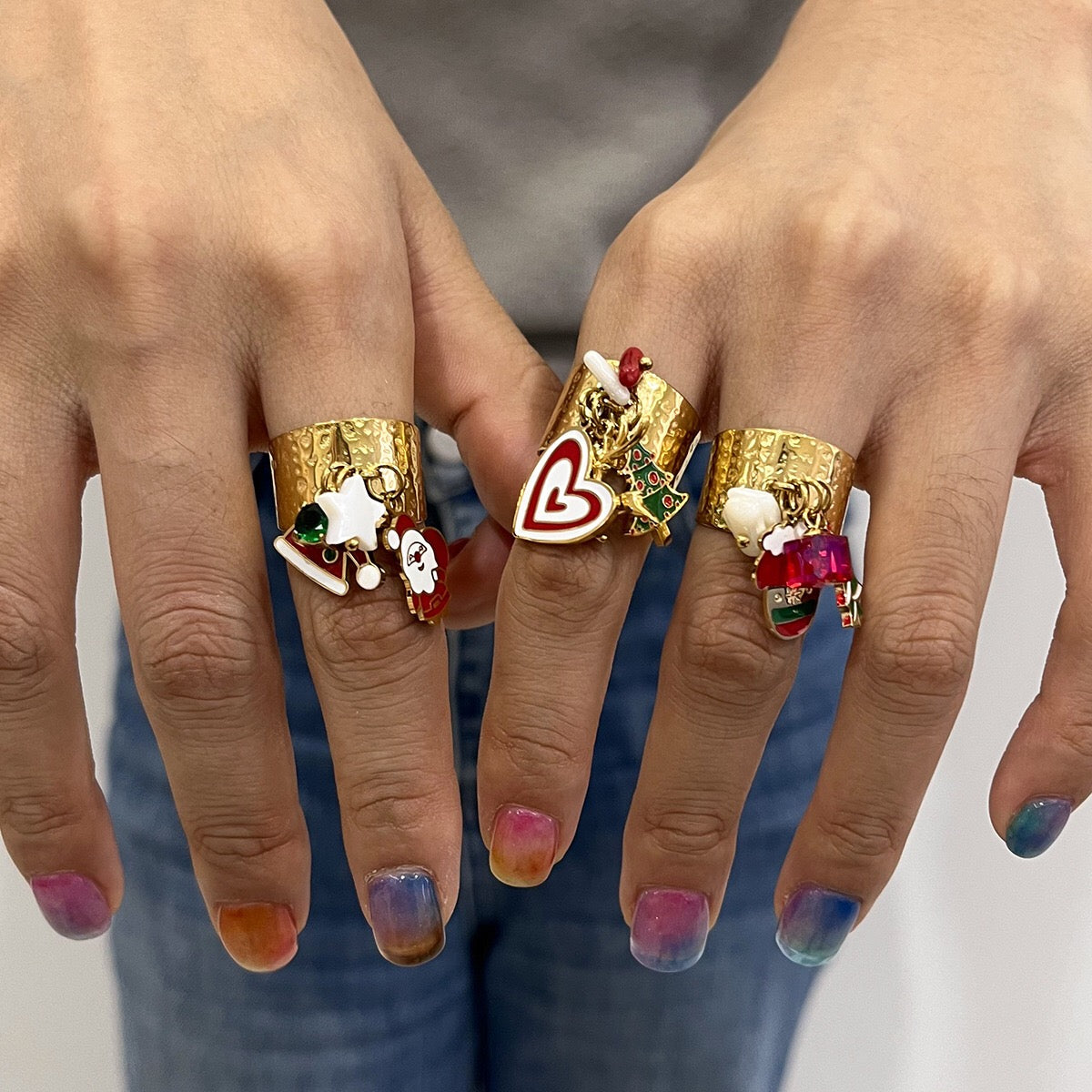 18K Gold Holiday Gleam Christmas Charm Statement Band Ring