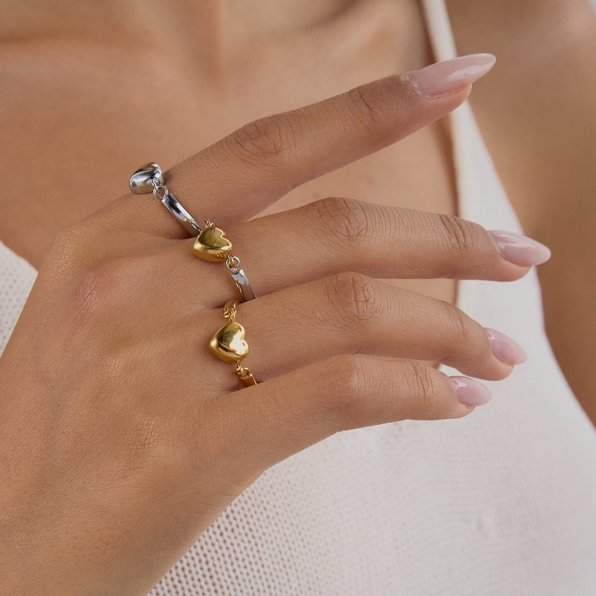 18K Gold and Silver Two Tone Rotating Heart Stacking Ring