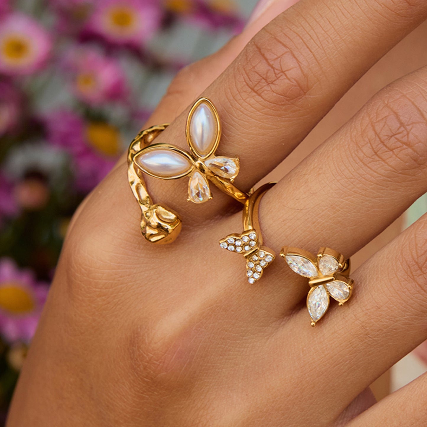 18K Gold Bejeweled Pearl Butterfly Cuff Ring
