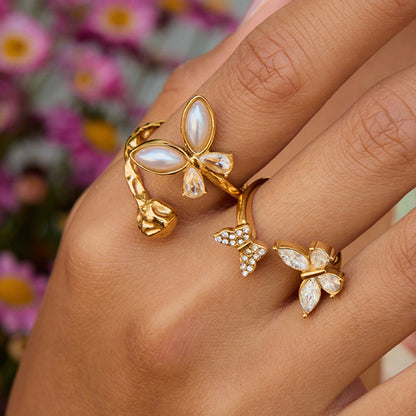 18K Gold Bejeweled Pearl Butterfly Cuff Ring
