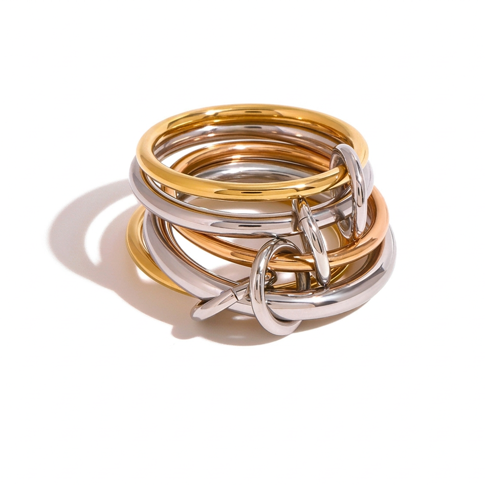 18K Gold and Silver Two Tone Connected Multi Layers Spinelli Trinity Stacking Rings