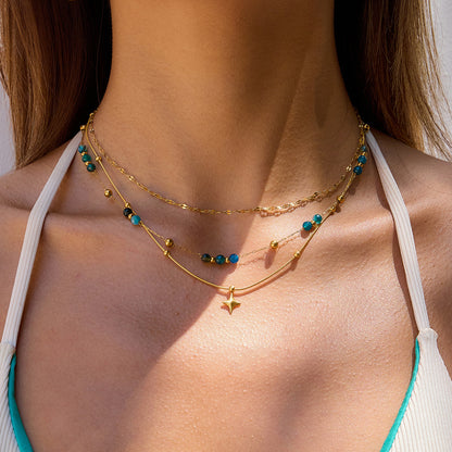 18K Gold Dainty Star Pendant Ocean Blue Beaded Layered Necklace Set