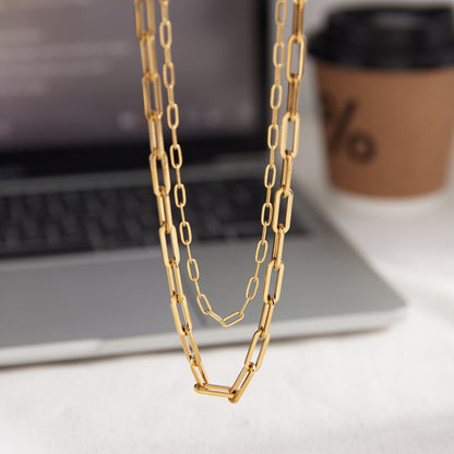 18K Gold Modern Edge Paper Clip Double Chain Layered Necklace Set