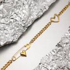 18K Gold Heart Safety Pin Pearl Cuban Curb Chain Necklace
