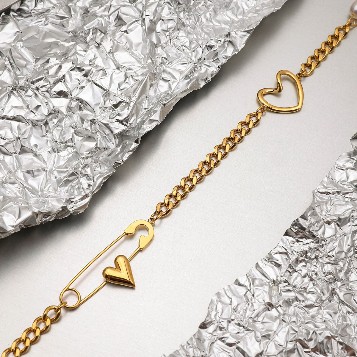 18K Gold Heart Safety Pin Pearl Cuban Curb Chain Necklace