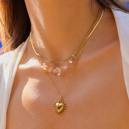 18K Gold Heart Pendant Gemstone Beaded Herringbone Snake Chain Layered Necklace Set