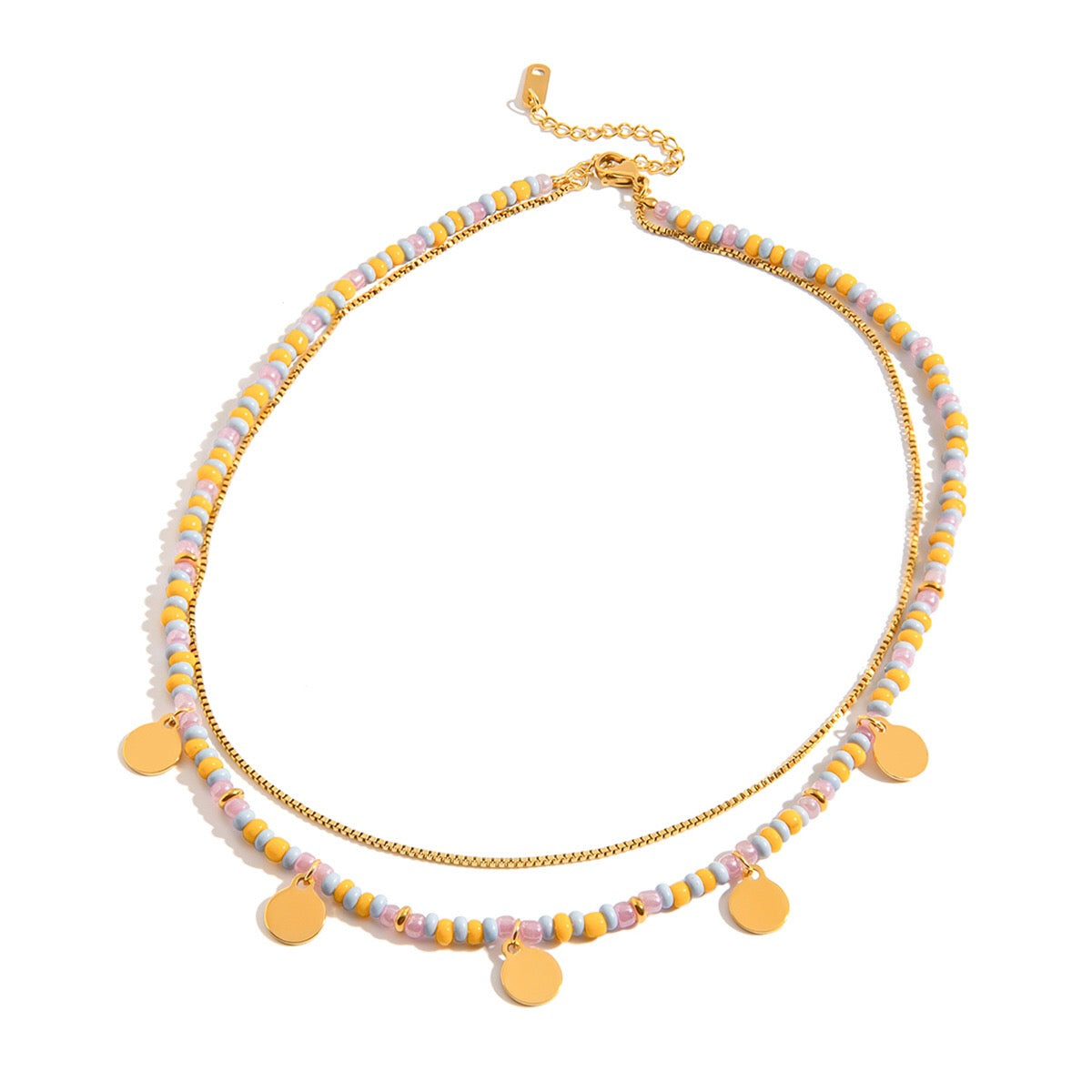 18K Gold Pastel Color Beaded Box Chain Layered Necklace Set