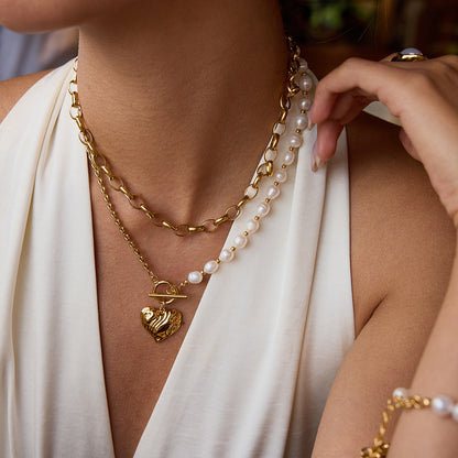 18K Gold Chunky Pearl Beaded Heart Pendant Circle Chain Layered Necklace Set