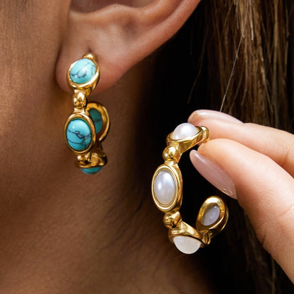 18K Gold Modern Charm Pearl Turquoise Hoop Earrings