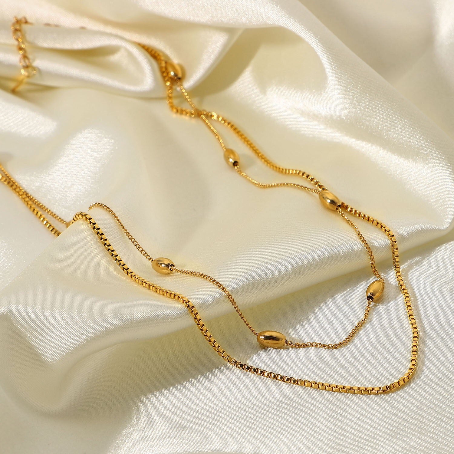 18K Gold Box Chain Beaded Layered Necklace Set