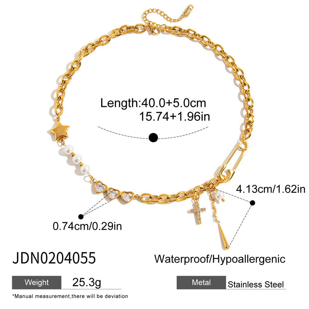 18K Gold Y2K Safety Pin Heart Pearl Cross Chain Necklace
