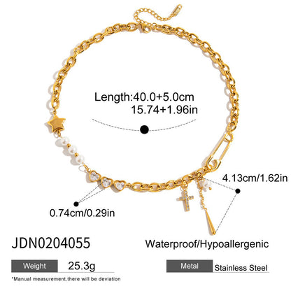 18K Gold Y2K Safty Pin Heart Pearl Cross Chain Necklace