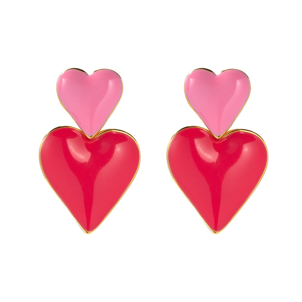 18K Gold Pink Heart Dangle Earrings
