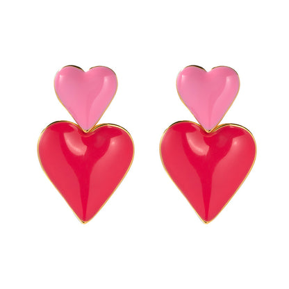 18K Gold Pink Heart Dangle Earrings