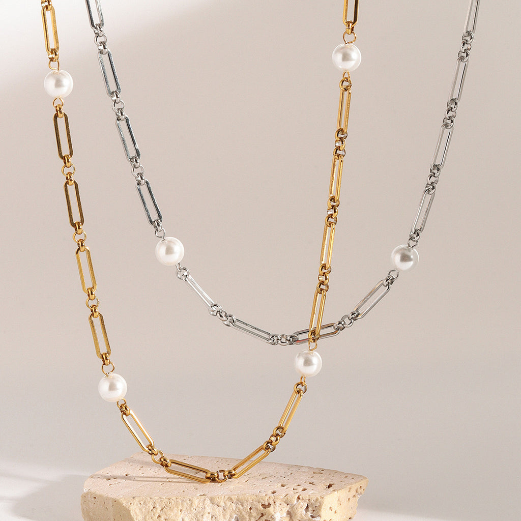 18K Gold Paperclip Chain Pearl Chain Extra Long Necklace