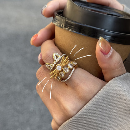 18K Gold Whiskered charm Pave Cat Tennis Stacking Ring