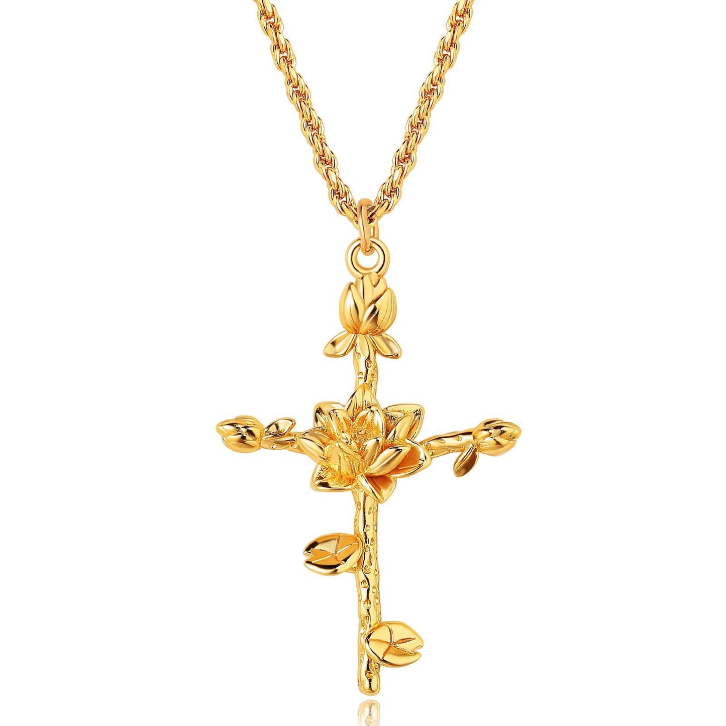 18K Gold Birth Flower Cross Pendant Necklace