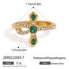 18K Gold Emerald Heiress Cross Snake Statement CZ Cocktail Ring