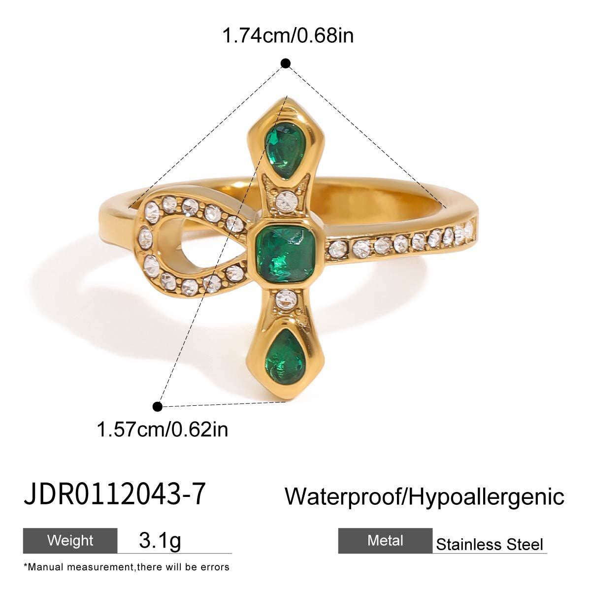 18K Gold Emerald Heiress Cross Snake Statement CZ Cocktail Ring
