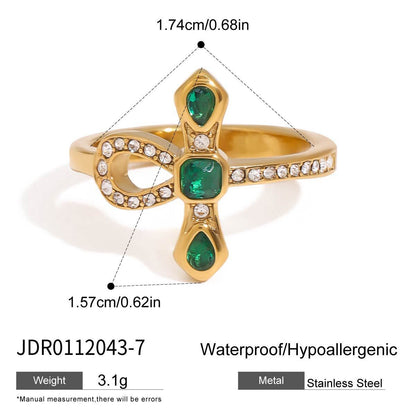 18K Gold Emerald Heiress Cross Snake Statement CZ Cocktail Ring