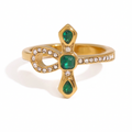 18K Gold Emerald Heiress Cross Snake Statement CZ Cocktail Ring
