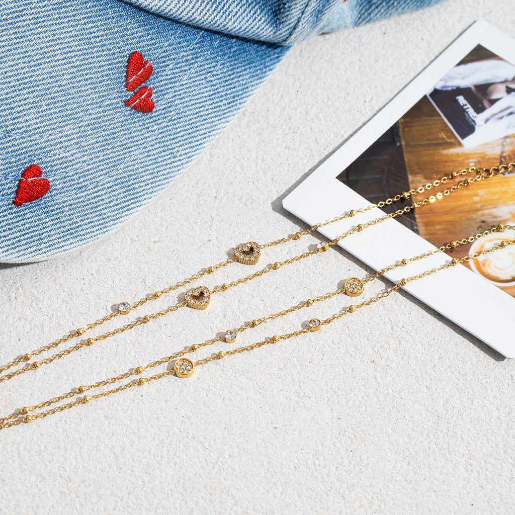 18K Gold Moonkiss Double Chain Heart Dainty Bracelet Stacks