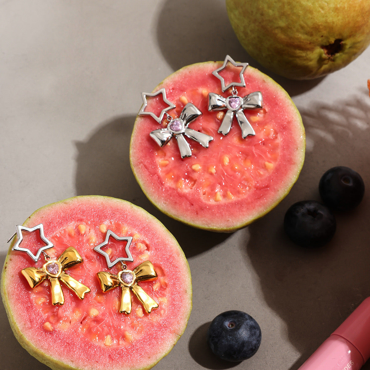 18K Gold Silver Star Pink Jewel Bow Statement Stud Dangle Earrings