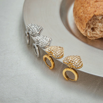 18K Gold Affection Pave Heart Dangle Small Hoop Huggie Earrings