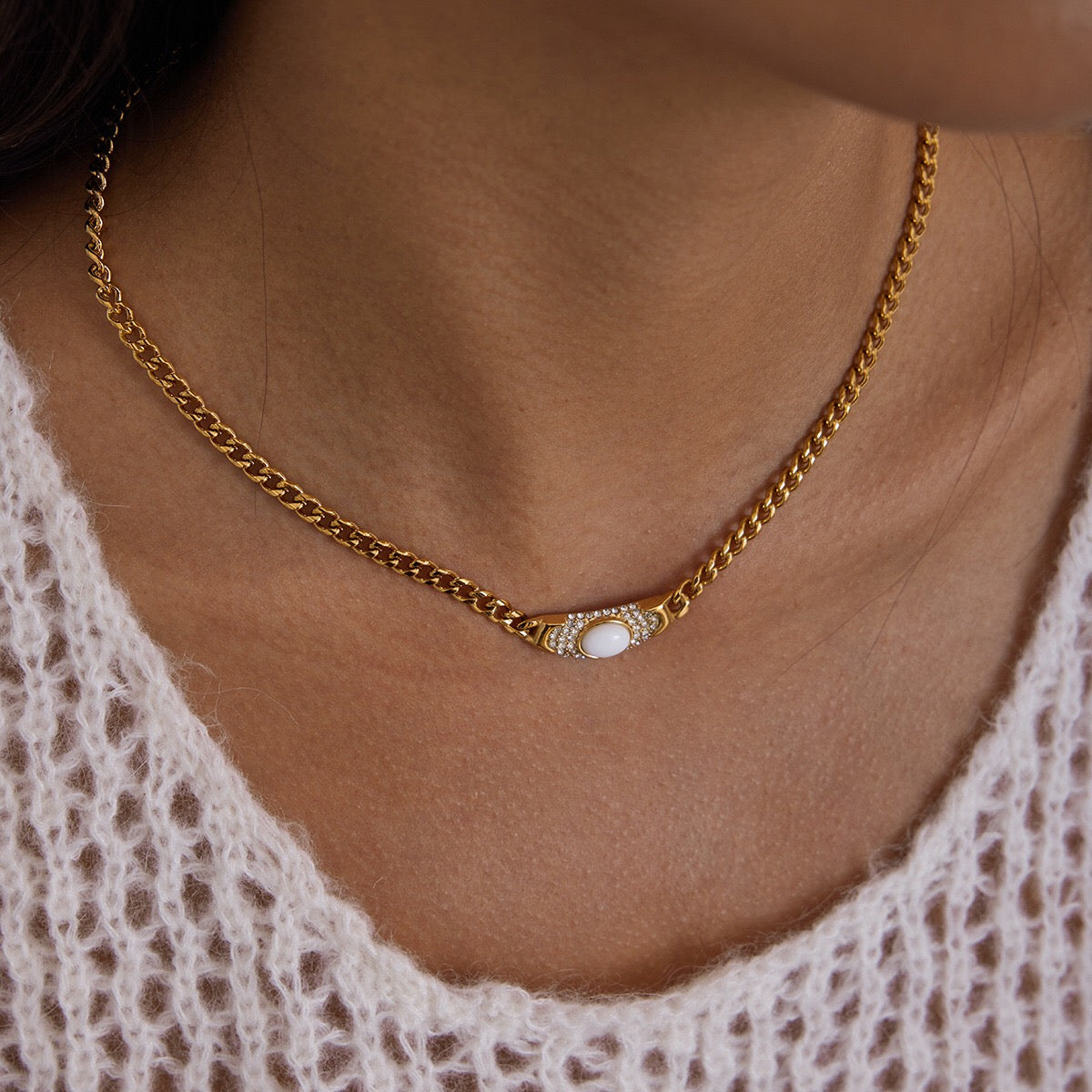 18K Gold Empire Gemstone Cuban Link Chain Statement Necklace