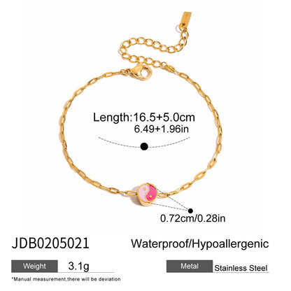 18K Gold Hot Pink Beaded Flower Bow Heart Chain Bracelet Stack