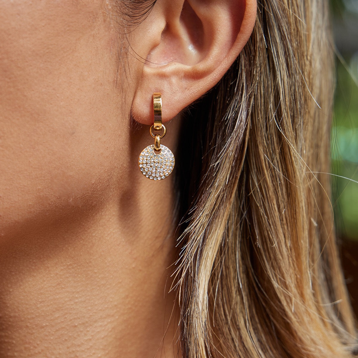 18K Gold Swinging sparkle Pave Disc Small Hoop Dangle Huggie Earrings