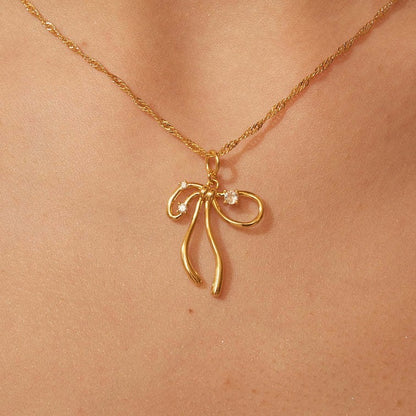 18K Gold Starry Coquette Bow Pendant Necklace