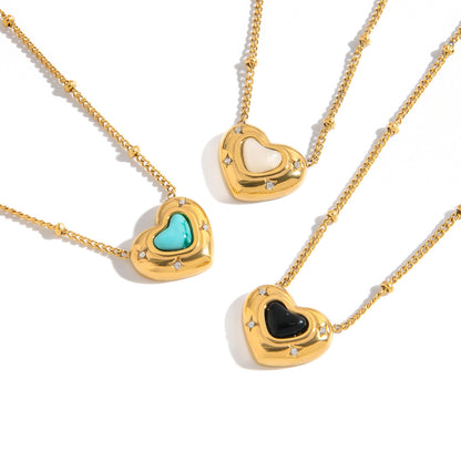 18K Gold Natural Stone Stars Adorned Dainty Heart Pendant Necklace