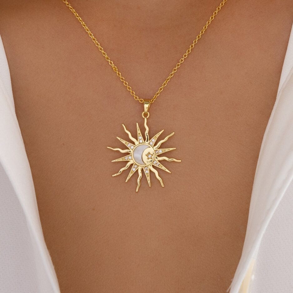 18K Gold Bright Sun Pendant Statement Long Necklace