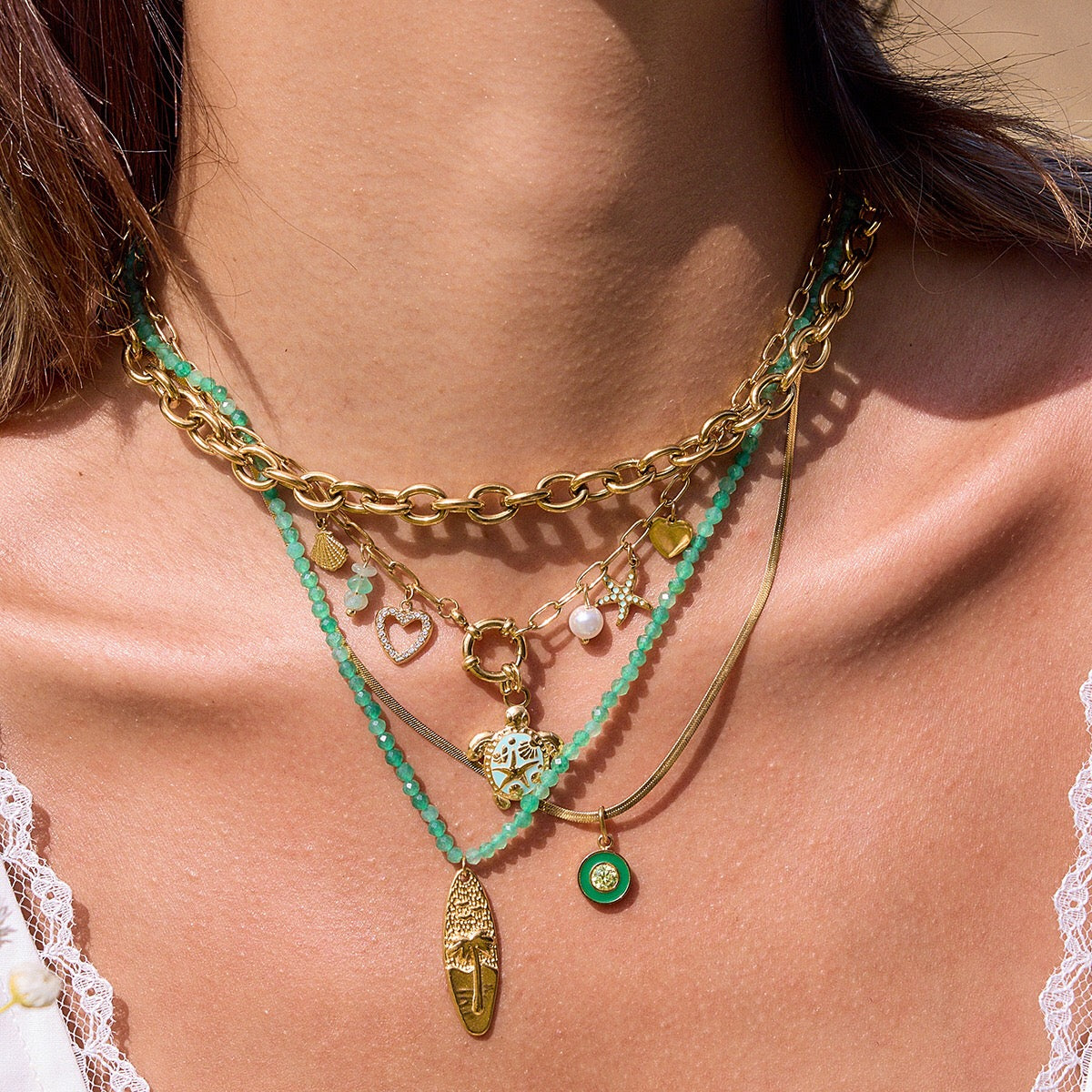 18K Gold Fresh Breeze Green Beaded Pendant Charm Layered Necklace Set